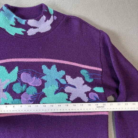 VTG 80s Grape Leaf Knit Sweater Womens M Purple Turquoise Retro Floral Pastel - Picture 4 of 12